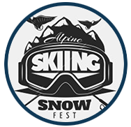 skiing snow fest icon with gogles, mountains, birds