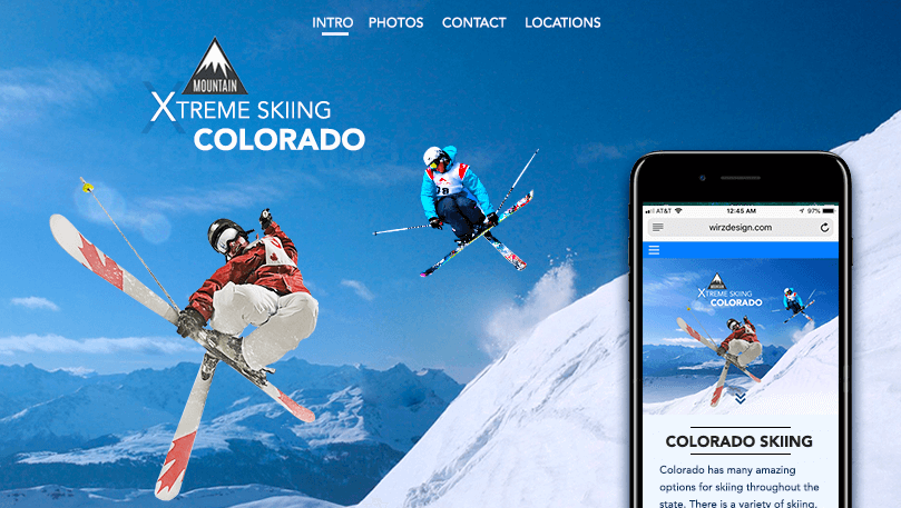 extreme skiing colorado thumbnail image with mountains and skiers
          doing tricks